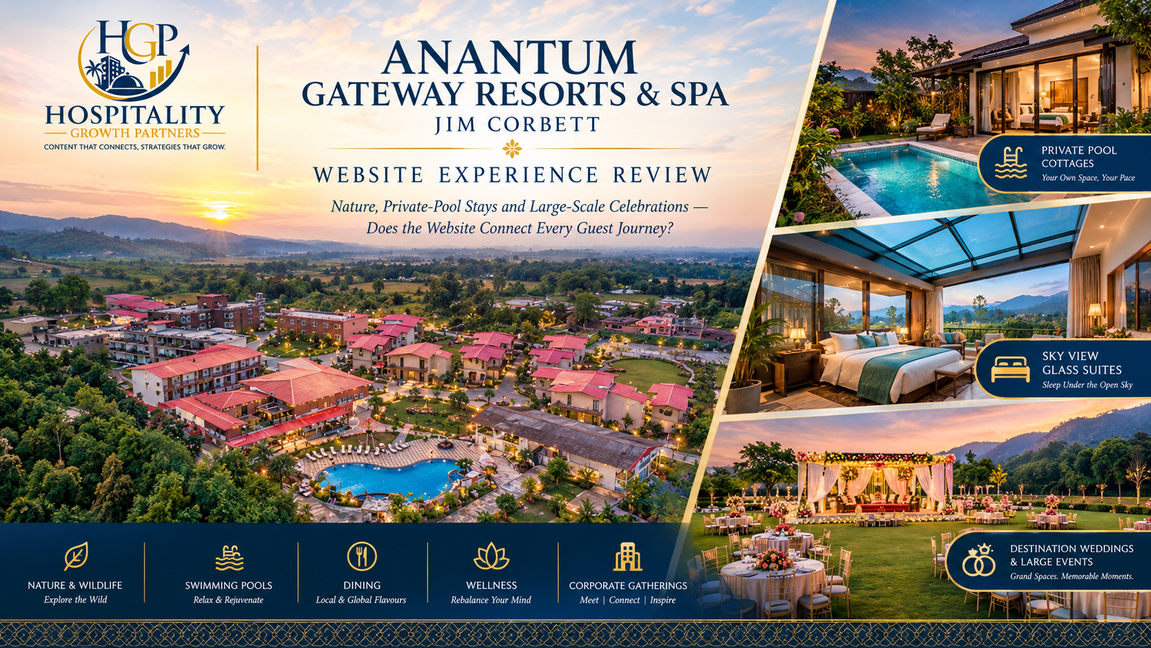 Anantum Gateway Resorts & Spa website experience review featuring the resort setting, private-pool accommodation, Sky View Glass Suite and wedding venue, with Hospitality Growth Partners branding.