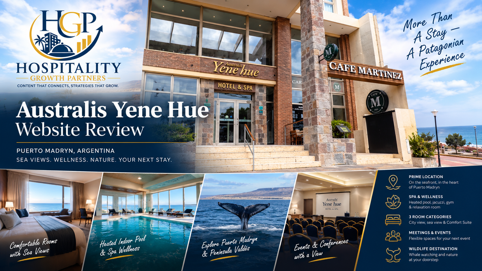 Australis Yene Hue hotel on the waterfront in Puerto Madryn, Argentina, featured in a Hospitality Growth Partners website experience review.