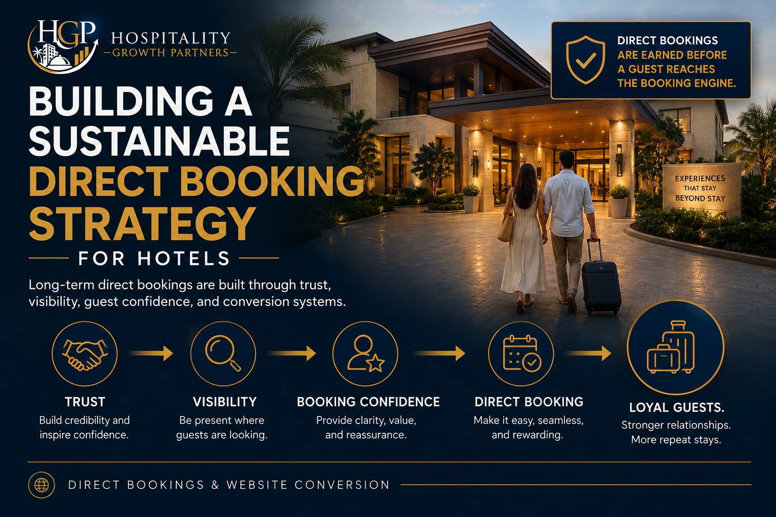 Illustration showing the journey from hotel visibility and trust building to website conversion and direct bookings, highlighting the components of a sustainable hotel direct booking strategy.