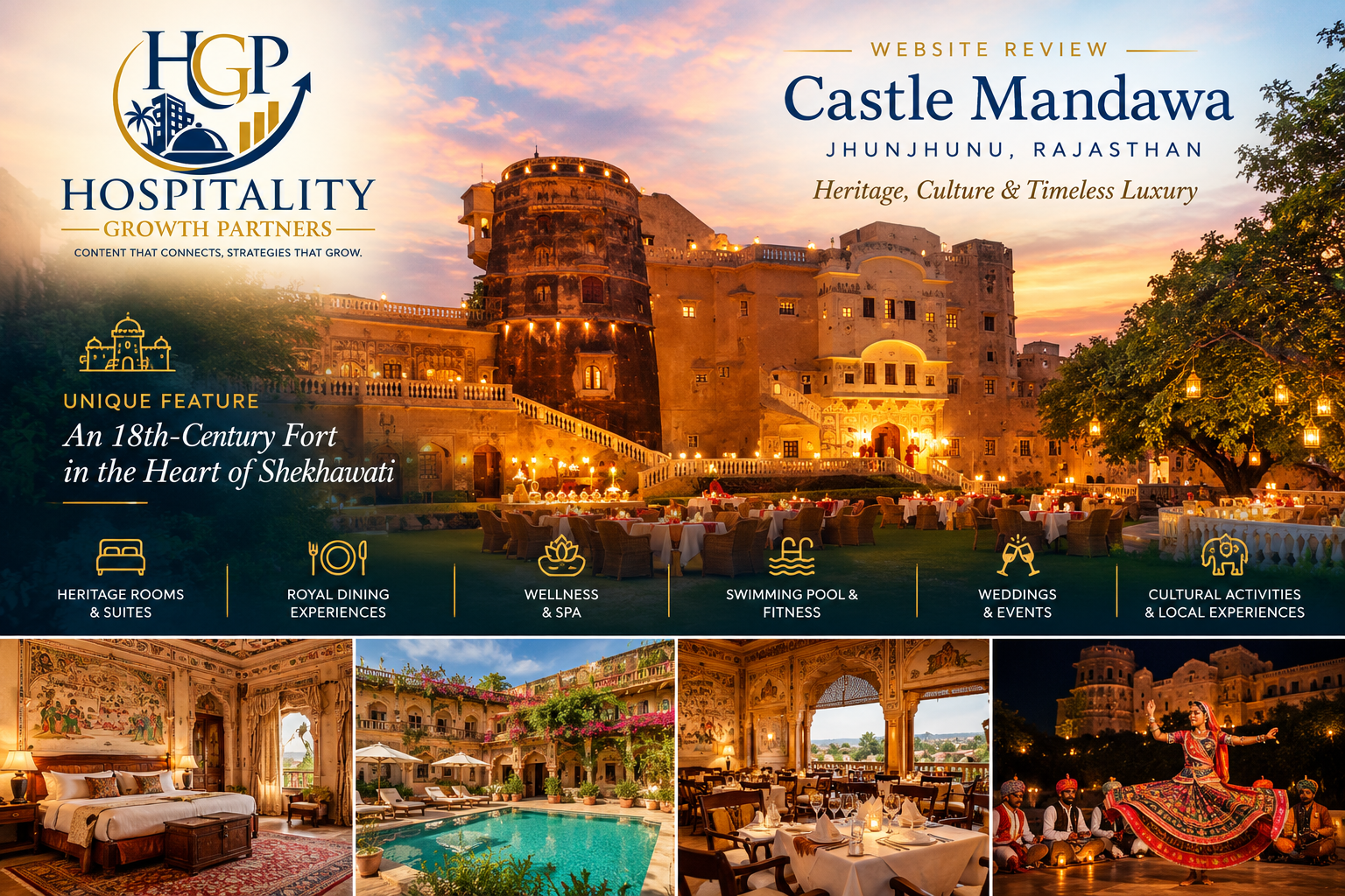 Castle Mandawa heritage hotel in Jhunjhunu, Rajasthan, featured in a Hospitality Growth Partners website experience review.