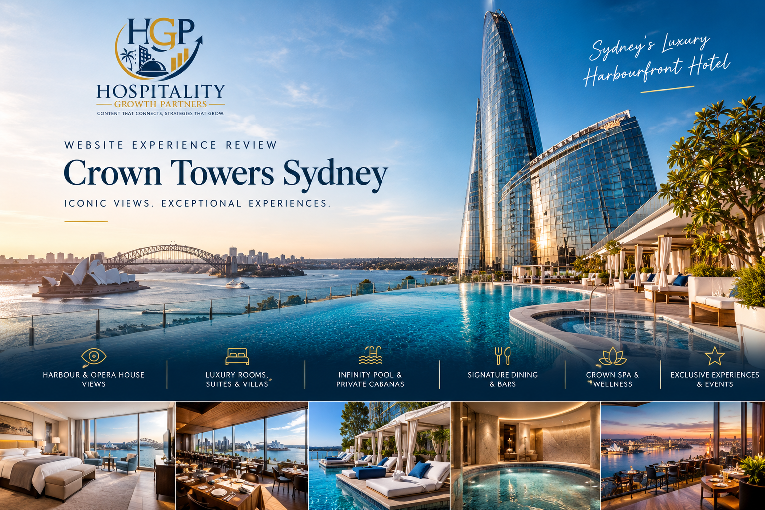 Crown Towers Sydney Website Experience Review by HGP, featuring the luxury hotel tower, Sydney Harbour, Opera House, Harbour Bridge, infinity pool, luxury accommodation, dining and wellness experiences.