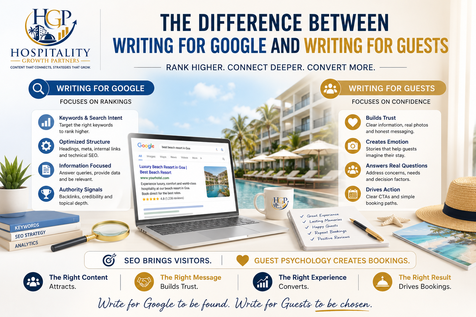 Hero image illustrating the difference between writing hospitality content for Google search rankings and writing for hotel guests, showing how SEO attracts visitors while guest-focused content builds trust and drives bookings.