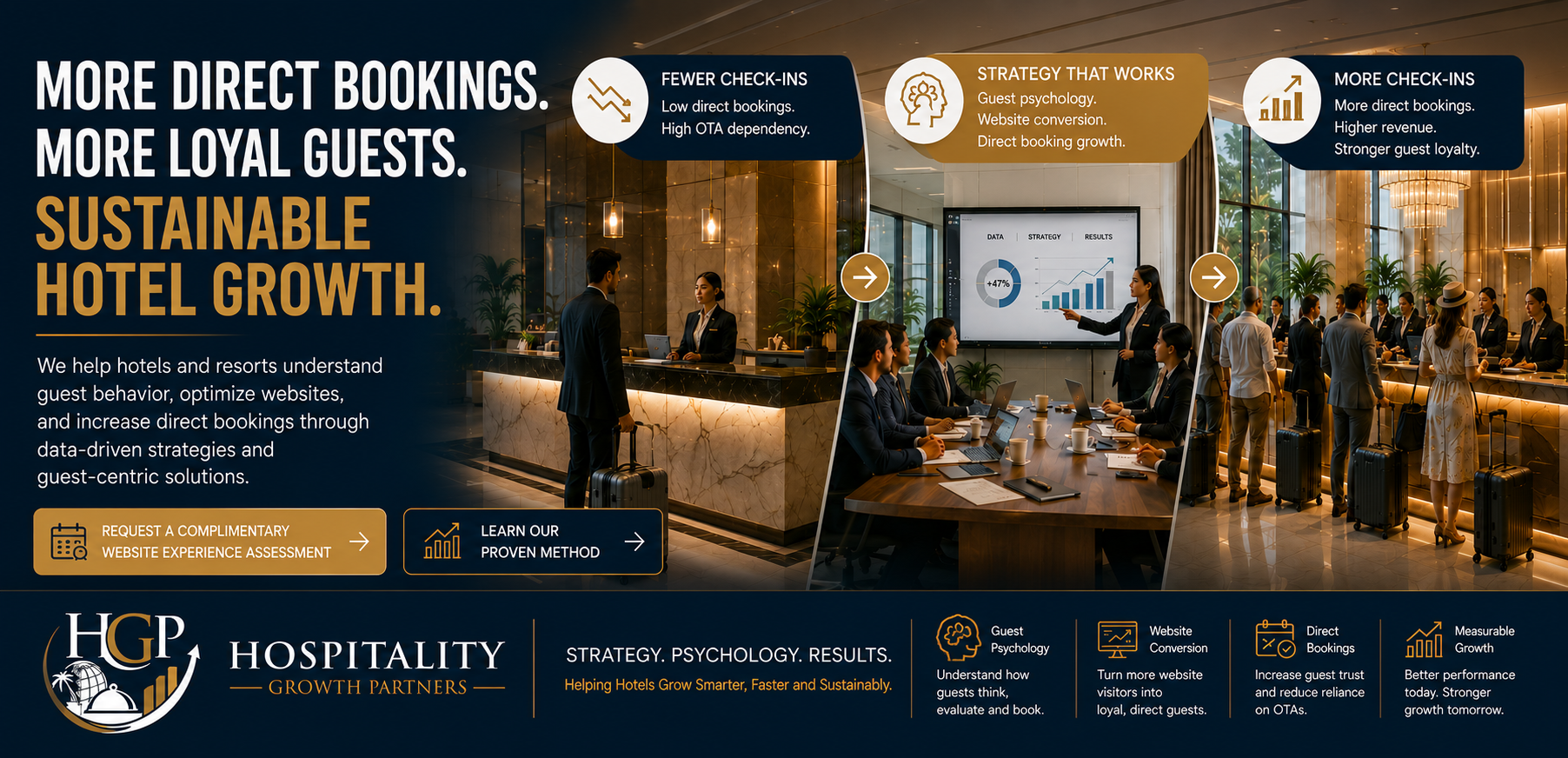Hospitality Growth Partners helping hotels and resorts increase direct bookings through guest psychology, website conversion, and sustainable growth strategy.