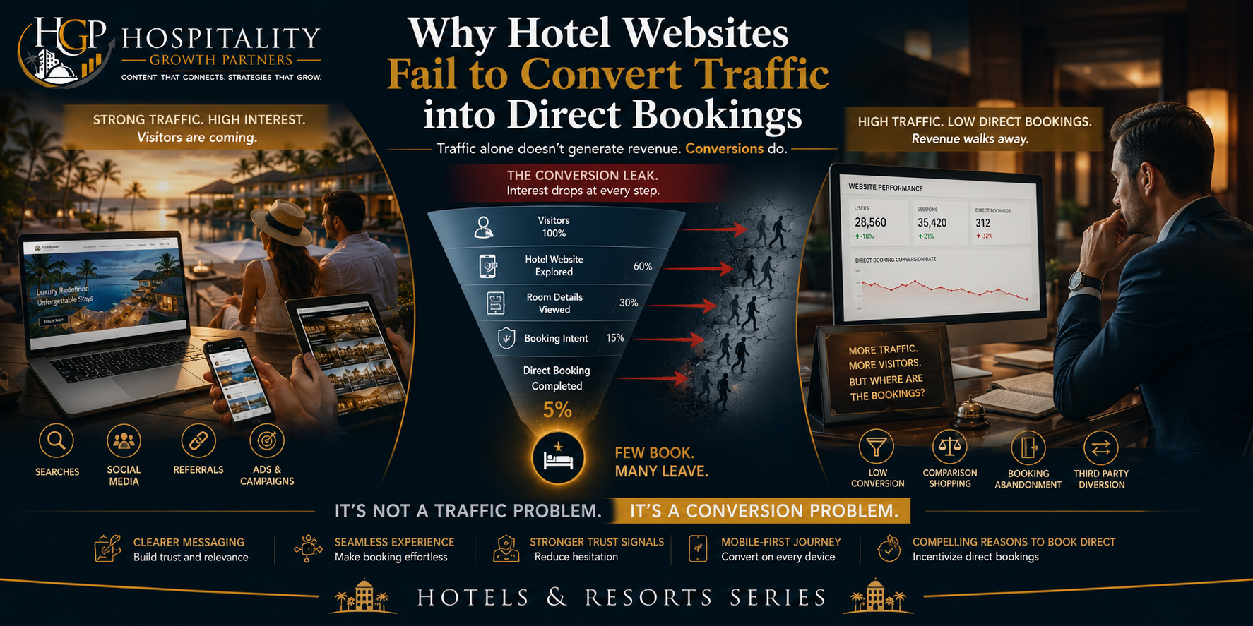 "Hospitality marketing banner showing strong hotel website traffic flowing through a booking funnel where many visitors drop off before completing a reservation, while a hotel manager reviews declining direct booking performance, illustrating why hotel websites often fail to convert visitors into direct bookings."