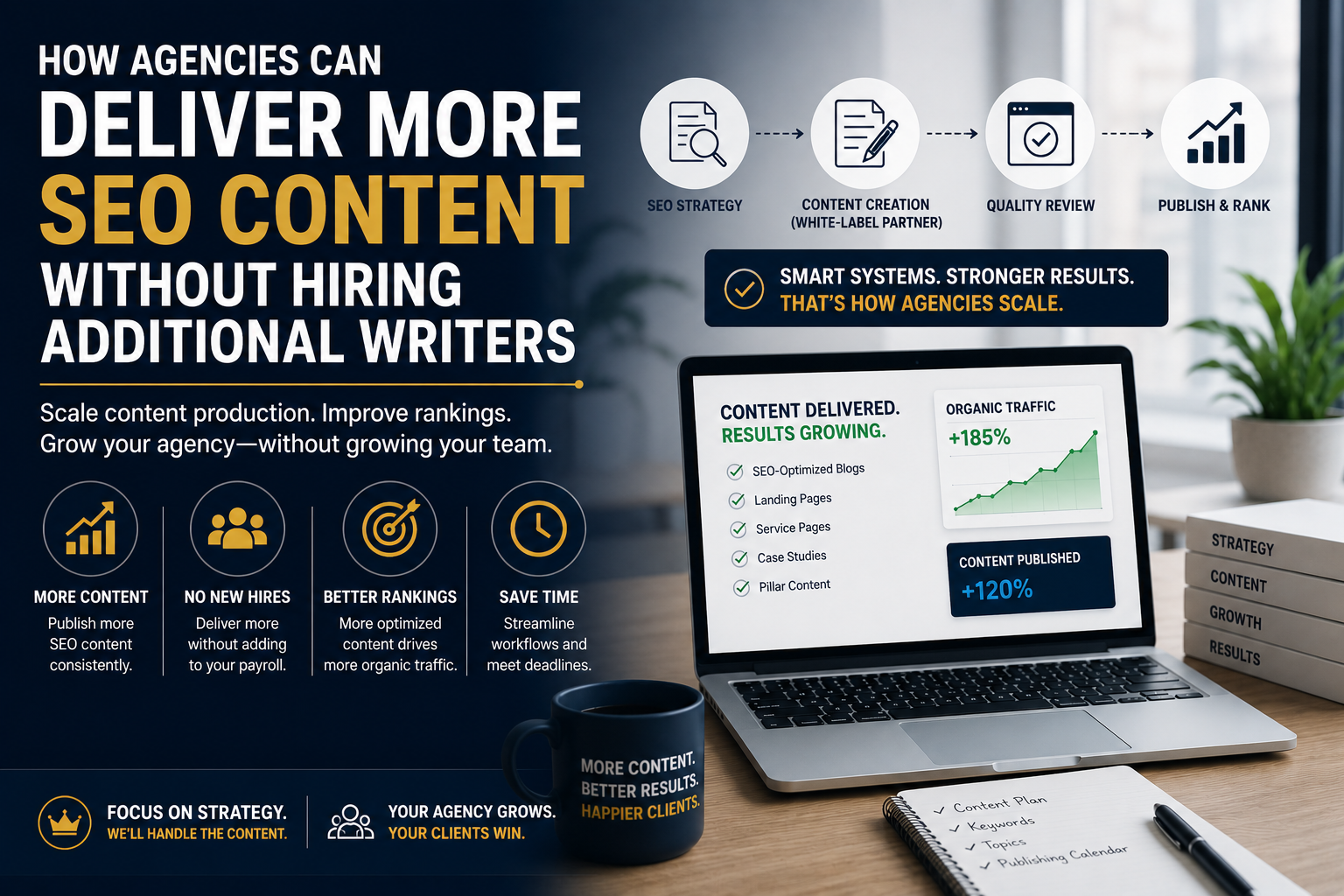 Illustration showing how marketing agencies can scale SEO content production without hiring additional writers by using structured workflows, white-label content services, and efficient content delivery systems.