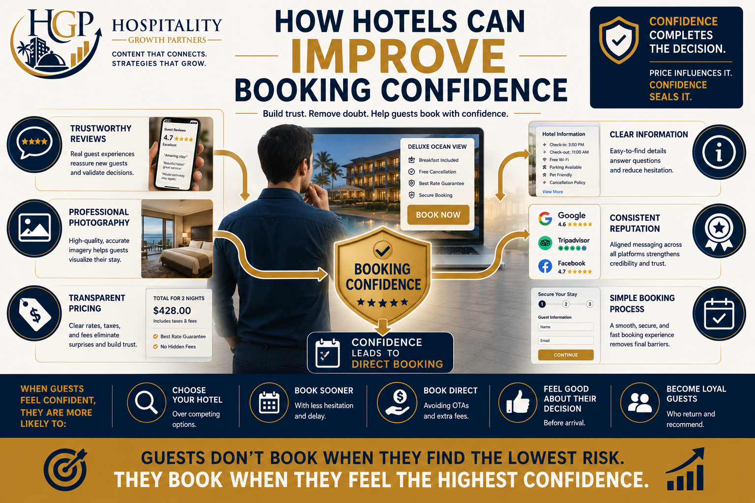 Hero image illustrating the factors that build hotel booking confidence, including trust signals, reviews, photography, transparent pricing, clear information, and a simple booking experience that leads to higher direct booking conversion.