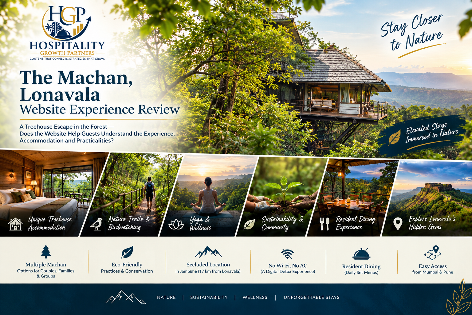 The Machan treehouse resort in Lonavala, featured in a Hospitality Growth Partners website experience review focused on elevated forest accommodation, sustainability and nature-based experiences.