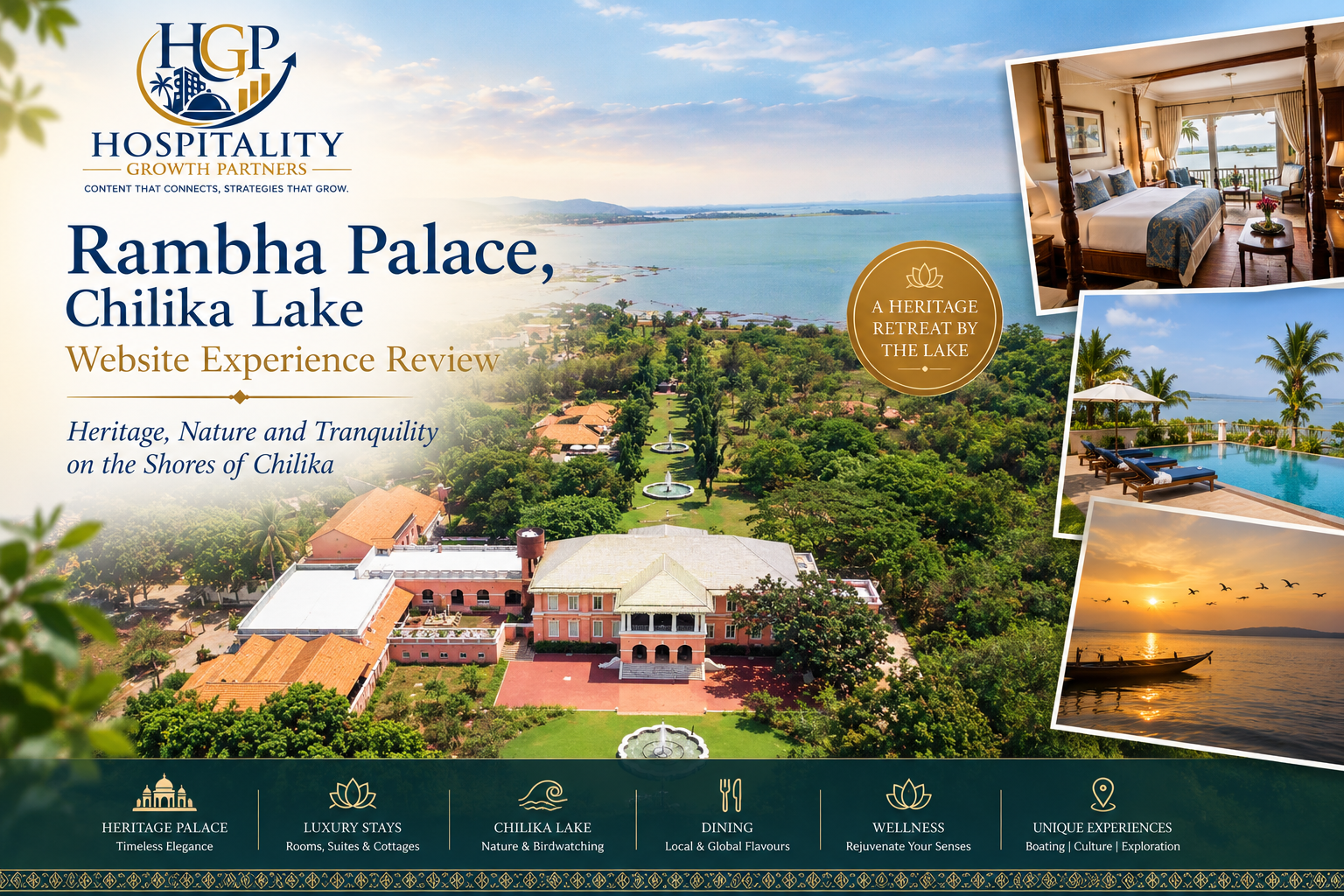 Aerial view of Rambha Palace's historic building, landscaped grounds and Chilika Lake, featured in the HGP Website Experience Review.