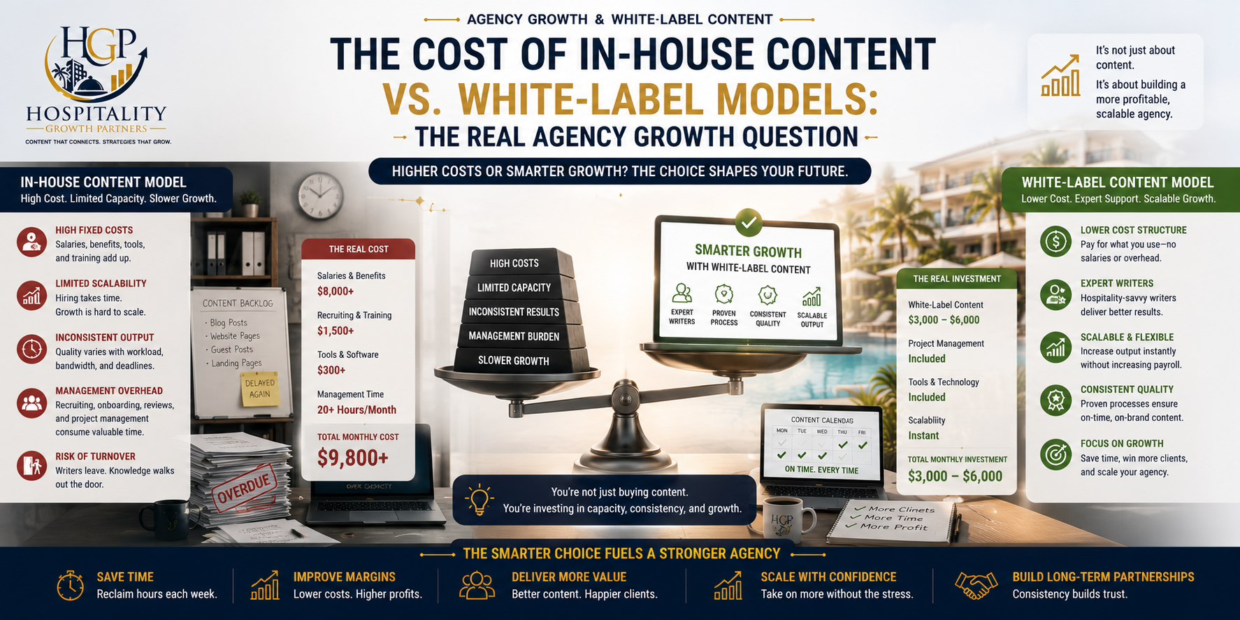 Banner illustration comparing the cost of in-house content creation with white-label content services, showing how hospitality marketing agencies evaluate staffing costs, scalability, profitability, and long-term business growth.