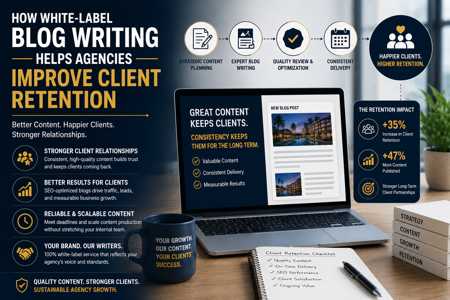 Illustration showing how white-label blog writing helps hospitality marketing agencies retain clients through consistent, high-quality SEO content, reliable delivery, and scalable content systems.