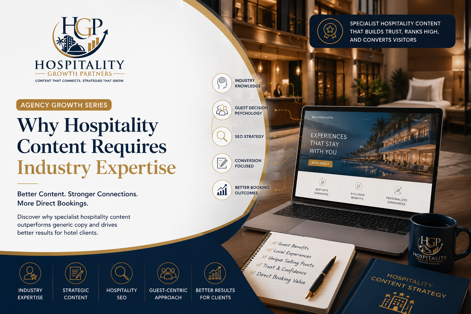 Hero banner for the article "Why Hospitality Content Requires Industry Expertise" by Hospitality Growth Partners, featuring specialist hospitality content, hotel website strategy, SEO, and website conversion concepts.