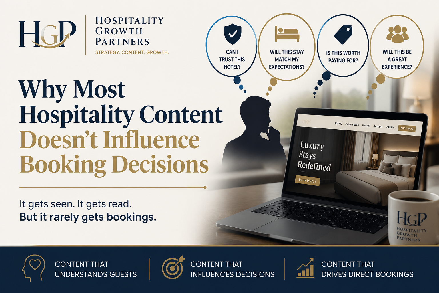 Illustration showing how hospitality content influences guest booking decisions, featuring the Hospitality Growth Partners logo, a hotel website, and the psychological questions guests ask before booking.