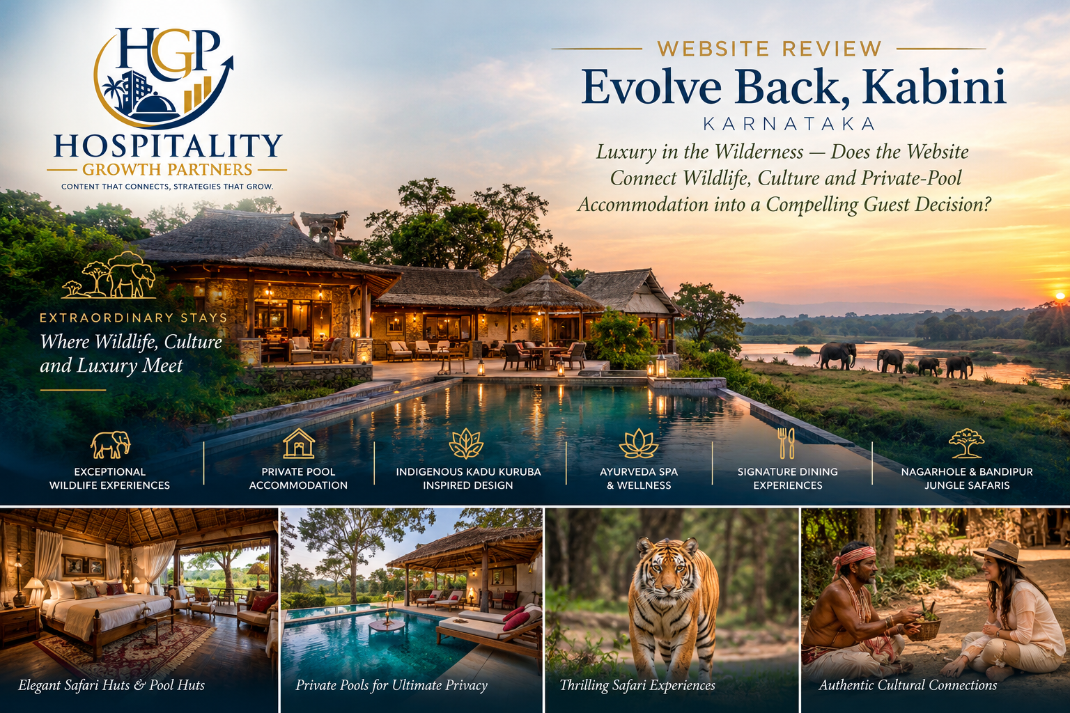 Evolve Back Kabini luxury wildlife resort in Karnataka, featured in a Hospitality Growth Partners website experience review.