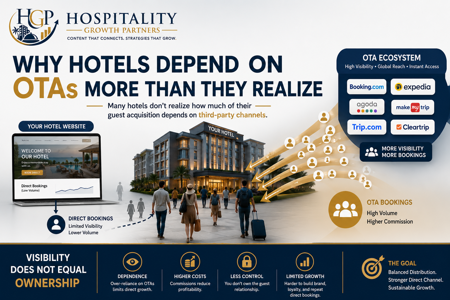 Hero image illustrating the balance between OTA visibility and direct booking growth, highlighting how hotels can reduce long-term dependence on third-party booking channels while strengthening their own guest acquisition systems.