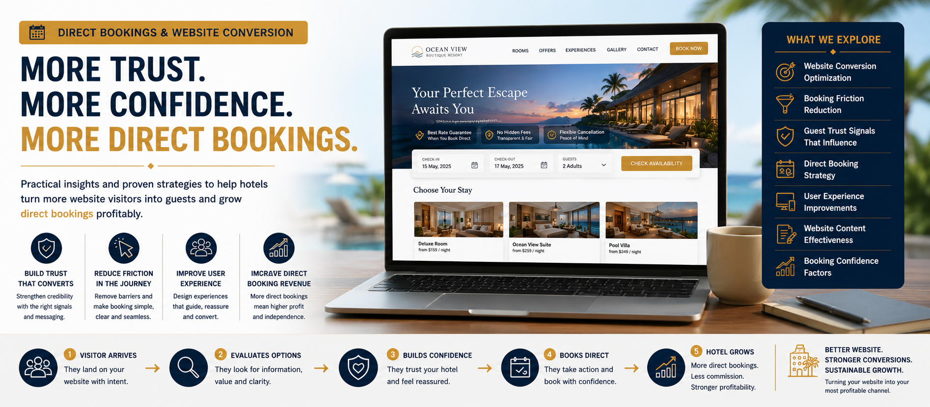 "Direct booking and hotel website conversion insights showing how hotels can build guest trust, improve booking confidence, reduce website friction, and increase direct bookings."