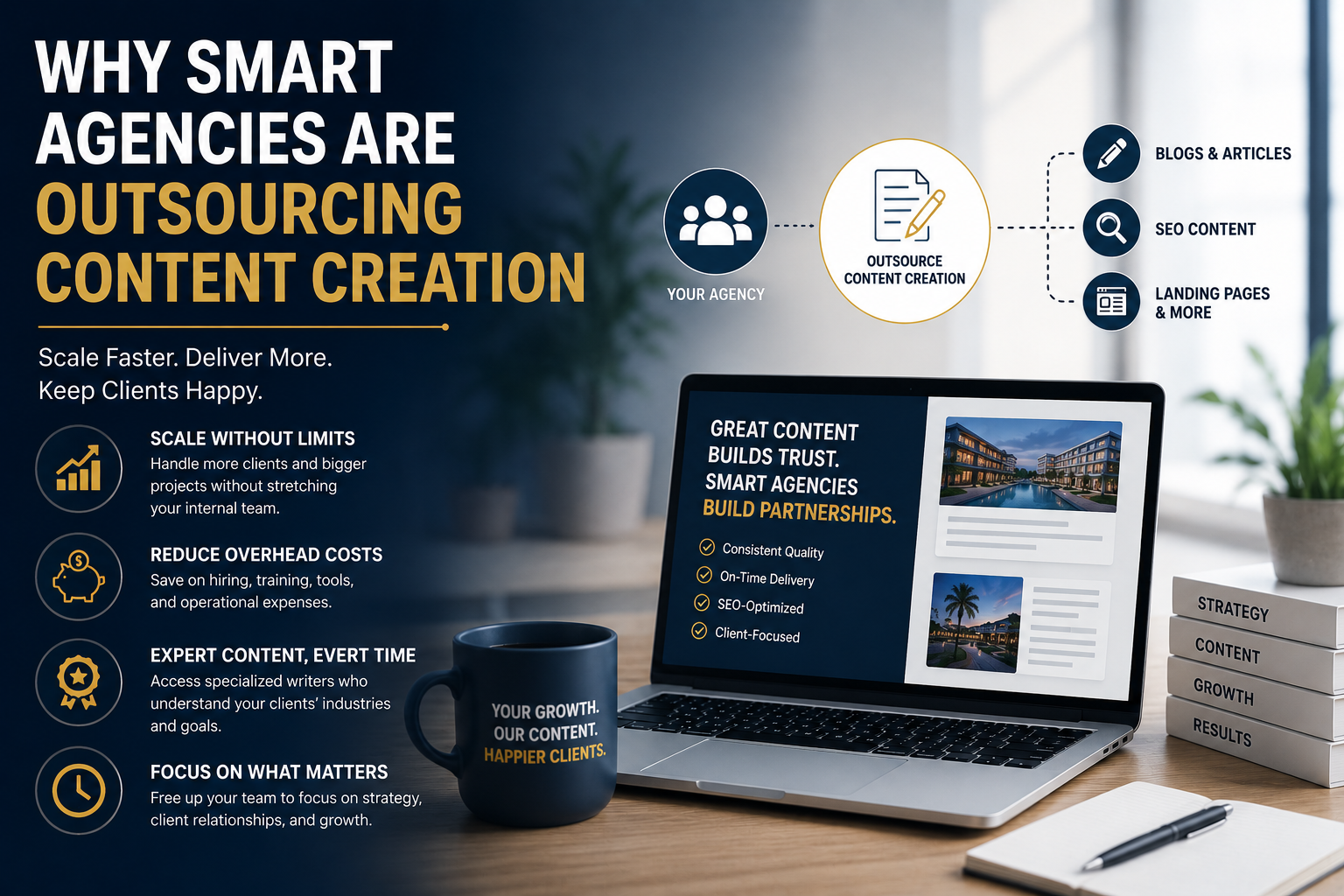 Illustration showing how hospitality marketing agencies use outsourced content creation to scale efficiently, maintain content quality, reduce payroll costs, and support client growth.