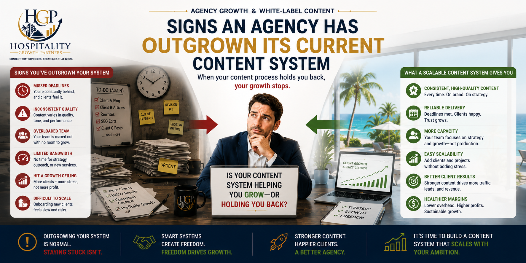 Banner illustration showing the signs that a marketing agency has outgrown its current content system, comparing an overloaded workflow with a scalable content process that supports hospitality clients, consistent delivery, and sustainable agency growth.